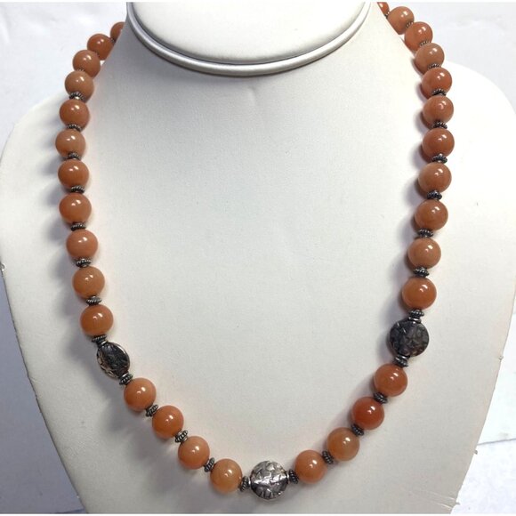 Vintage Orange Calcite Beaded Necklace Silver Tone Accents Boho Ethnic Fall 20" - Picture 1 of 8
